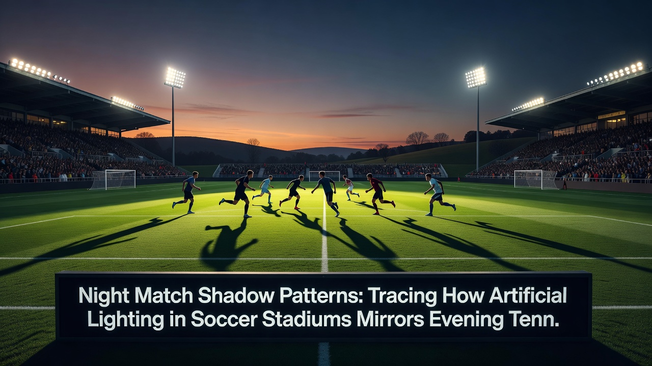 Abendliche Tennisplatzbeleuchtung mit Schatten auf dem Court und Ballflugbahn