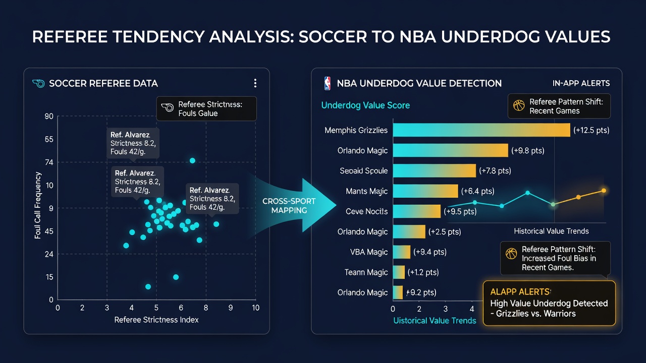 Mobile App-Oberfläche mit Alerts zu NBA-Underdog-Werten basierend auf Schiedsrichteranalysen