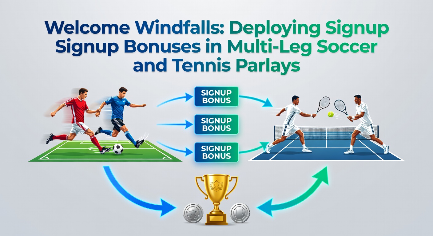 Grafik mit Multi-Leg-Parlay-Beispielen aus Fußball und Tennis, die hohe Auszahlungen bei Signup-Boni zeigen